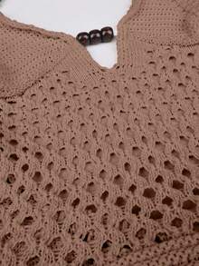 Yuwenier 性感优雅针织大V领露背镂空修身度假长裙沙滩装夏季情人节音乐节度假连衣裙 - 卡其色 - 查看 6