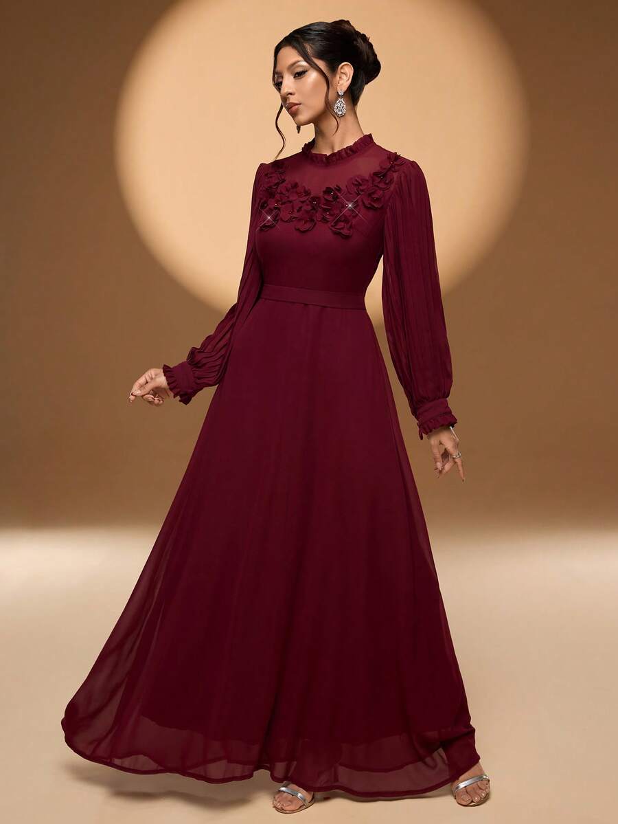 Elegant Women's Long Burgundy Dress With Extra-Long Regular Sleeves Round Neck And Beaded 3D Rose Details Perfect For Party Wear, Valentine's Day Wedding Spring - Burgundy - View 1