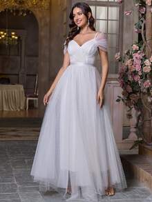 Đầm cưới/tiệc độc thân/lễ đính hôn/tuần trăng mật/tiệc chiêu đãi/lễ tổng duyệt/lễ tốt nghiệp/lễ dạ hội màu trắng thanh lịch, lãng mạn dành cho nữ, màu trơn, chất liệu lưới, màu trắng. - trắng - Xem 6