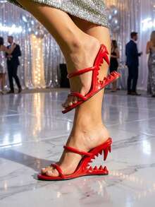 Sandals For Women Shark Teeth Heeled Sandals Backless Round Toe Heels Dressy Ladies Party Wedding Fashion Office Clubbing Work Courts Shoes - 紅色 - 查看 2
