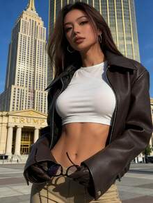 Solarei Women's Loose Casual Faux Leather Jacket, Regular Fit, Autumn/Winter✨ BEST SELLER! Slouchy Cropped Zip-Up Jacket | Cool Girl Aesthetic Fall Outerwear | Must-Have Layering Piece #CoolGirlVibes #CroppedJacket #FallOuterwear #LayeringEssential Valentine Outfits For Women - 紅色 - 查看 1