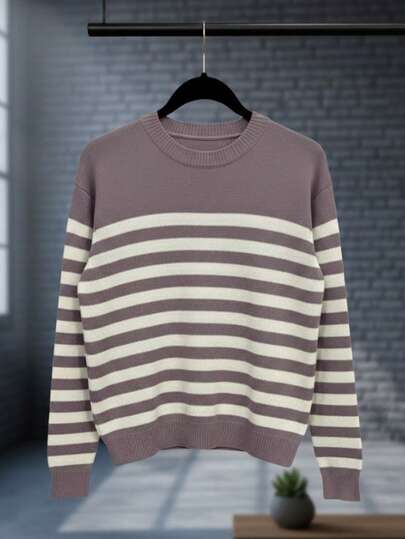 Women Casual Ivory Pullover Sweater With Drop Shoulder Long Sleeves And V Neck Perforated Details Rib Knit