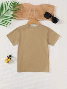 Children's Summer T-Shirt, Short Sleeves, Excavator Print, Round Neck, Knitted Fabric. - 鏽棕色 - 查看 2