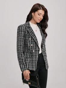 一件双色格纹纽扣西装外套，适合办公室、学校、春秋季穿着。 - 黑與白 - 查看 3
