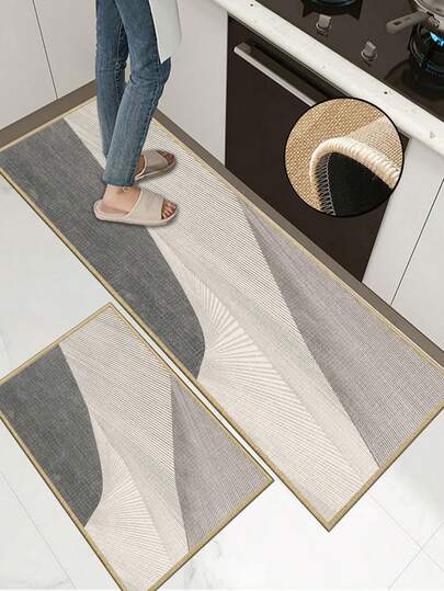 Alfombra de cocina de goma suave de 3,5 mm de grosor, estilo geométrico minimalista moderno, alfombra absorbente de cocina, alfombra con borde para evitar el desprendimiento, que absorbe el agua y es fácil de limpiar, superficie de lino, capa intermedia de esponja, parte inferior de goma, adecuada para alfombras de cocina, decoración de cocina, decoración de bodas, decoración del hogar, alfombras de baño, alfombras de entrada, alfombras de lavandería, alfombras de pasillo, alfombras de sala de estar, etc.