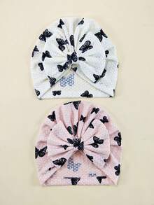 2pcs Newborn Baby Waffle Print Headband Hat, Baby Bow Beanie, Infant Headwear 0-6 Months - Multicolor - View 14