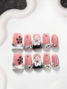 10件套优雅法式亚克力美甲套装，包含亚克力美甲贴纸、黑色五瓣印花、豹纹叶子装饰、白色五瓣雕刻设计、白色指甲油、粉色圆形水钻装饰，以及美甲工具（1个果冻贴纸+1个指甲锉），3种尺寸可选，手工制作的按压式美甲贴片。 - 彩色 - 查看 2