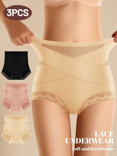 MEIYATING 3条装高腰塑形女士内裤，透气网眼交叉收腹蕾丝边三角裤，日常穿着