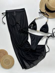 2026 New Solid Color Elegant Backless Tie-Up Decor Vacation 3 Pieces Set Beach Black Summer - Black - View 2