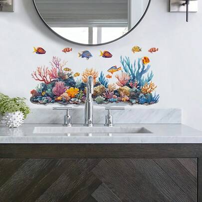 1pc Watercolor Underwater Coral Fish Wall Sticker, Self-Adhesive No Glue, Bathroom Vanity Decor