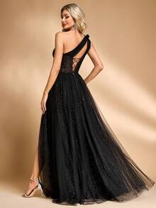 Women's Asymmetric One Shoulder Mesh Formal Evening Gown (Heavily Embellished) - Black - View 2