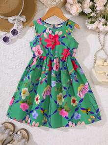 女童碎花无袖休闲连衣裙，夏季度假风 - 綠色 - 查看 1