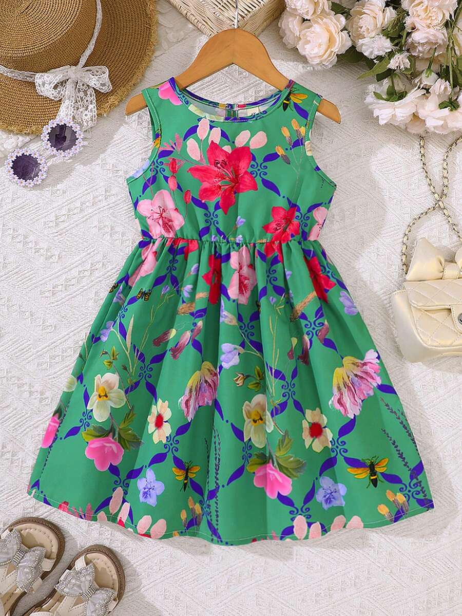 女童碎花无袖休闲连衣裙，夏季度假风 - 綠色 - 查看 1