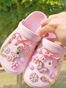 16件套DIY镂空木屐配件，粉色亮片水钻天使、蝴蝶、花朵、心形链条鞋饰，适用于穆勒鞋、拖鞋、花园鞋、沙滩包，可拆卸装饰，节日礼物，四季皆宜