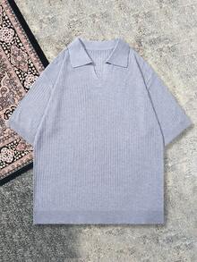 Men's New Casual Loose Solid Color Ribbed Retro Relaxed Versatile Commute V-Neck Short Sleeve Knit Sweater - Grey - View 1