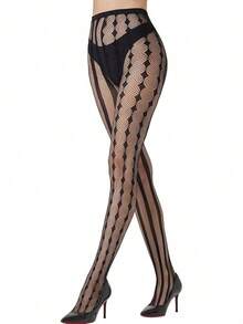 1 Pair Of Halloween Checkered Striped Clown Leggings, Suitable For Women, With Gothic Style Pattern Fishnet Stockings - Black - View 6