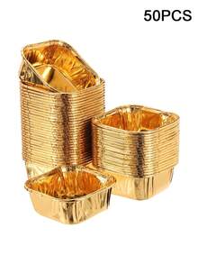 50/25 piezas Moldes para pasteles dorados con tapas, tazas de papel cuadradas con borde enrollado y revestimiento a prueba de aceite, moldes de aluminio desechables resistentes al calor, forros de papel brillante, adecuados para hornear en la cocina, catering, bodas y fiestas de cumpleaños, Navidad, muffins, postres - Dorado - Ver 9