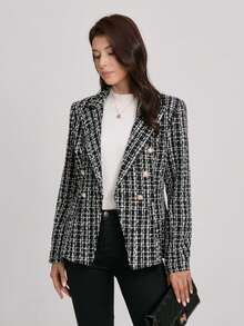 一件双色格纹纽扣西装外套，适合办公室、学校、春秋季穿着。 - 黑與白 - 查看 1