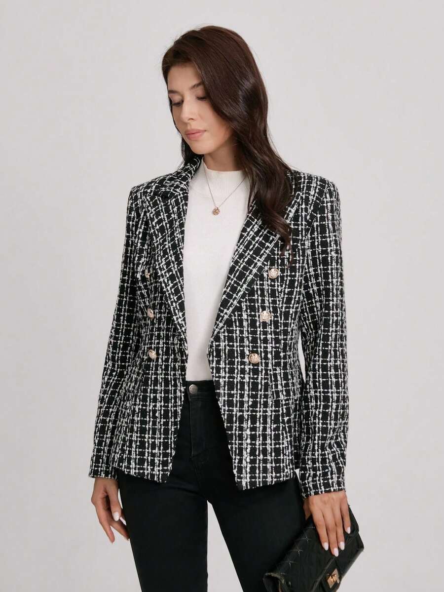 一件双色格纹纽扣西装外套，适合办公室、学校、春秋季穿着。 - 黑與白 - 查看 1