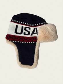 1顶字母图案美式保暖加厚飞行员帽，冬季雪天户外针织帽 - 彩色 - 查看 11