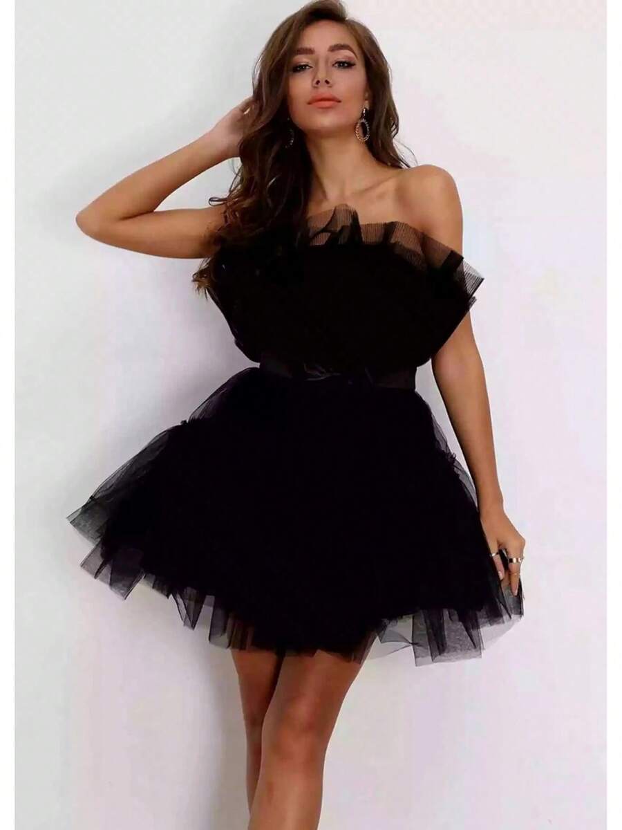 2026 Wish Strapless Mesh Elegant Bow Puffy Dress - Black - View 1