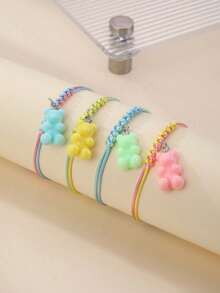 小熊软糖多巴胺手链套装 4 件装，可爱渐变编织绳，趣味吊坠，送给女孩、青少年日常派对的完美礼物 - A - 查看 1