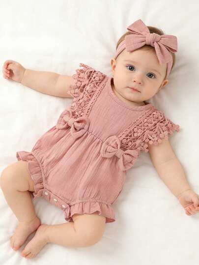 2pcs,Baby Girl Clothing,Soft,Comfortable,Casual,Elegant,Cute,Openwork Lace Tassel Trim And Bow Decoration Plain Cotton Bodysuit And Headband,Newborn Baby Girl Clothes,Suitable Summer For Everyday Wear, Parties, Photo Shoots,Outdoor Activities