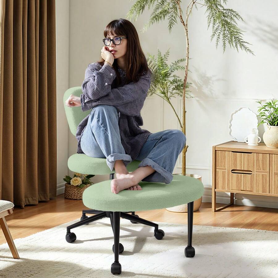 Cross-Legged Swivel Chair – 360° Teddy-Fabric Meditation Seat With Wheels, Adjustable Height & Lumbar Support For ADHD Focus, Home Office - 綠色 - 查看 1