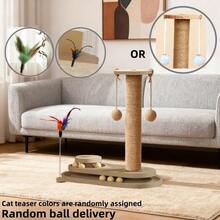 1 Piece Solid Wood Cat Tree, Natural Style With Scratching Post, Scratcher & Teaser Wand All-In-One Design For Cats' Home Self-Entertainment & Claw Grinding - Multicolor - View 12