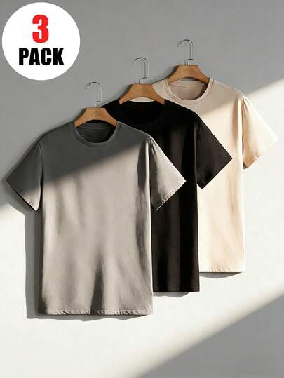 Set de 3 camisetas de manga corta de cuello redondo con estampado casual para niño preadolescente, ropa de verano para estudiantes - Múltiples opciones de color, ¡usa nuestras cómodas y elegantes camisetas infantiles para explorar el mundo!