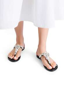 Women Flat Sandals Rhinestone T-Strap Flip Flops Thong Sandals Vacation Beach Casual Chic Party Slip On Sandals Shoes - 黑色 - 查看 2