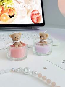 Bộ 1/4 nến thơm hình gấu Teddy sang trọng trong hũ thủy tinh | Nến sáp đậu nành màu kem (Trắng/Xanh dương/Hồng) kèm ruy băng | Đồ trang trí nhà cửa thơm mát, món quà độc đáo dành cho nữ/thiếu nữ nhân dịp sinh nhật, quà tặng đám cưới và quà tặng ngày lễ. - Nhiều màu - Xem 6