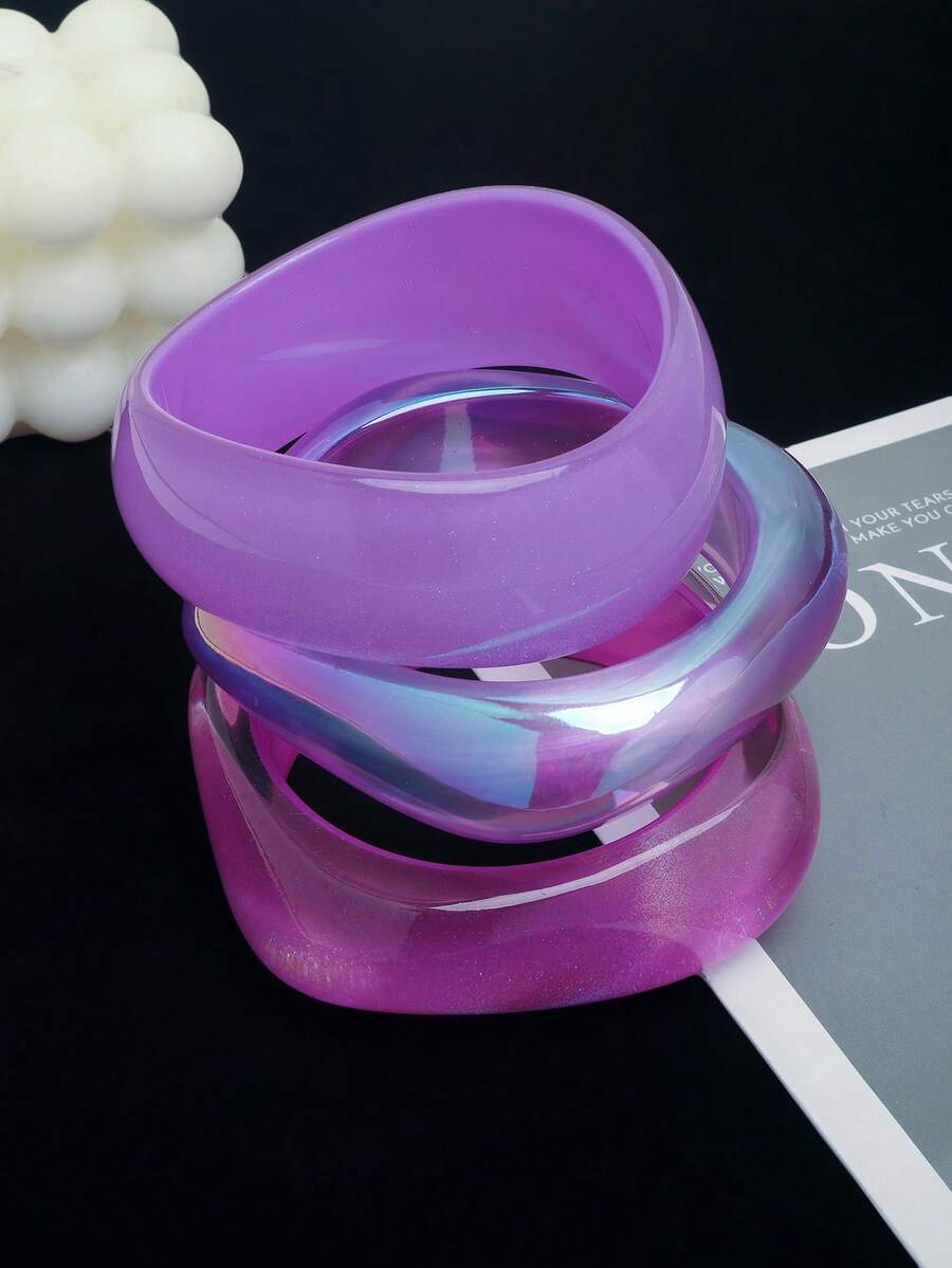 3pcs Set Elegant Minimalist Purple Asymmetrical Resin Bracelet Set, Suitable For Personal Style - Purple - View 1