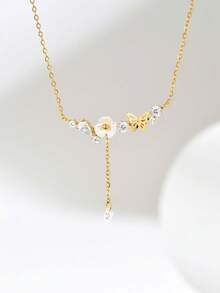 1pc Fashionable Delicate Flower & Butterfly Pendant Necklace With Zirconia Stone, Minimalist Versatile Choker Necklace Suitable For Any Occasion - Necklace - View 3