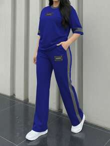 2pcs Women's Spring/Autumn Round Neck Short Sleeve T-Shirt And Elastic Waist Loose Pants Set, Casual Daily Wear - Blue 142 - View 3