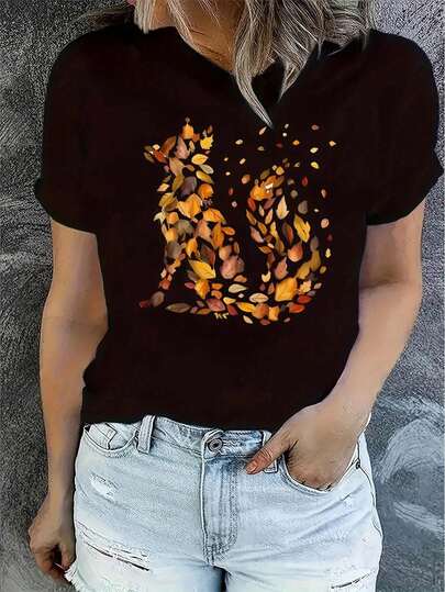 Women's Stylish Fox Print Round Neck Short Sleeve T-Shirt, Casual Summer Top With Creative Leaf Fox Design, Comfortable Polyester Blend Tee For Casual Attire, Relaxed Outing Apparel | Creative Print Tee | Smooth Texture Fabric