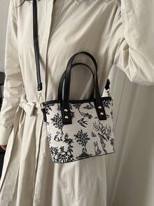 Bolso de mano ligero y retro para mujer, diseño impreso minimalista, correa larga ajustable, capacidad media, adecuado para uso casual y de vacaciones - Negro - Ver 3