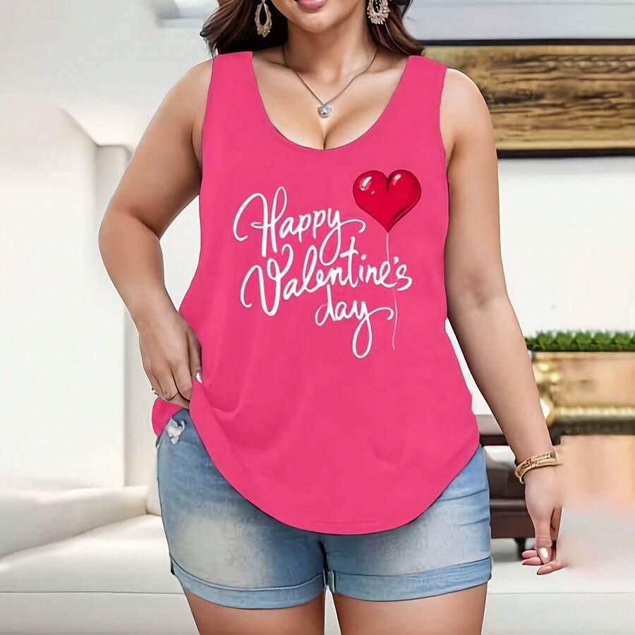 Plus Size Women Tank Top Happy Valentines Day Heart Print Fashion Design Sleeveless Top Casual Wear For Valentine's Day Perfect Gift - 粉色 - 查看 1