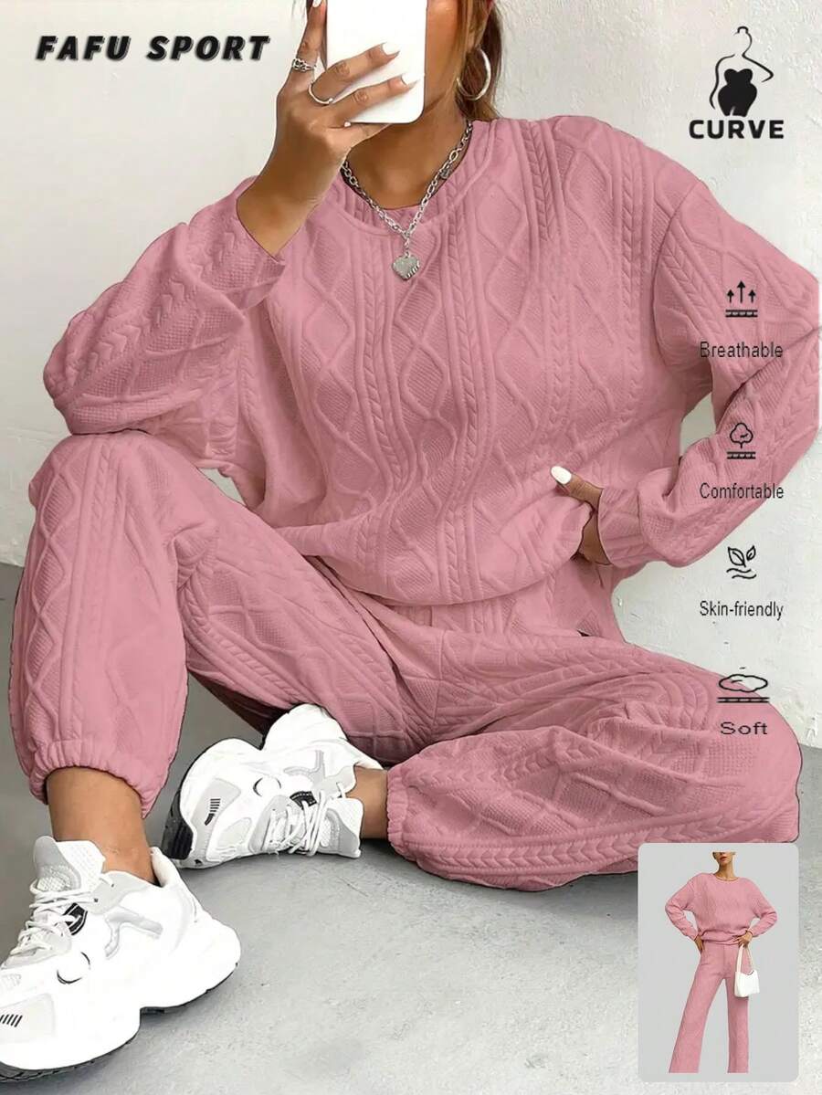 Women's Spring Comfort Knitted Two Piece Sportswear - White And Multi Color, Loose, Long Sleeve Round Neck Top And Pocket Jogging Suit, Solid Color, Spring And Autumn Set, Casual Outdoor Sportswear, Multi Functional All Age Casual Wear | Knitted Fabric | Women's Minimalist Sportswear - Phiên bản cao cấp mùa xuân màu hồng - Xem 1