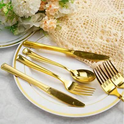 金色餐具套装 - 金色沙拉叉/意面叉/开胃菜叉，银色甜点勺/咖啡勺/冰淇淋勺/餐勺，圣诞餐具套装，可重复使用的优雅餐具，适用于派对装饰、生日、婚礼、周年纪念、圣诞节、学校活动、户外野餐和宴会