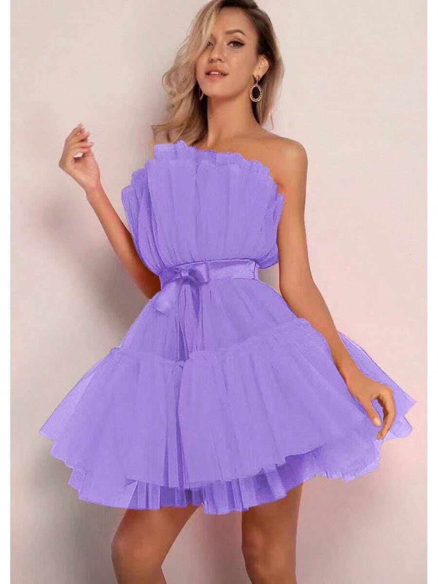 2026 Wish Strapless Mesh Elegant Bow Puffy Dress - 紫色 - 查看 1