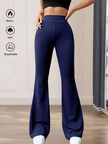 Quần ống loe cạp cao màu trơn, quần legging thể thao yoga co giãn cao, quần bó sát thể thao nữ mùa xuân - Màu xanh hải quân - Xem 2