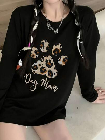 Women's Loose Fit Cotton Letter, Leopard Print, Dog Paw Graphic Long Sleeve T-Shirt, Versatile For Spring & Autumn