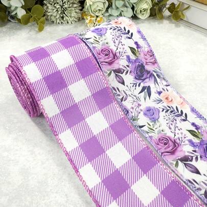 2.5 Inch Wide 2 Rolls Purple Rose & Purple White Plaid Linen Satin Ribbon, Suitable For Spring Mother's Day Crafts, Packaging, Wreath Decoration, Etc.