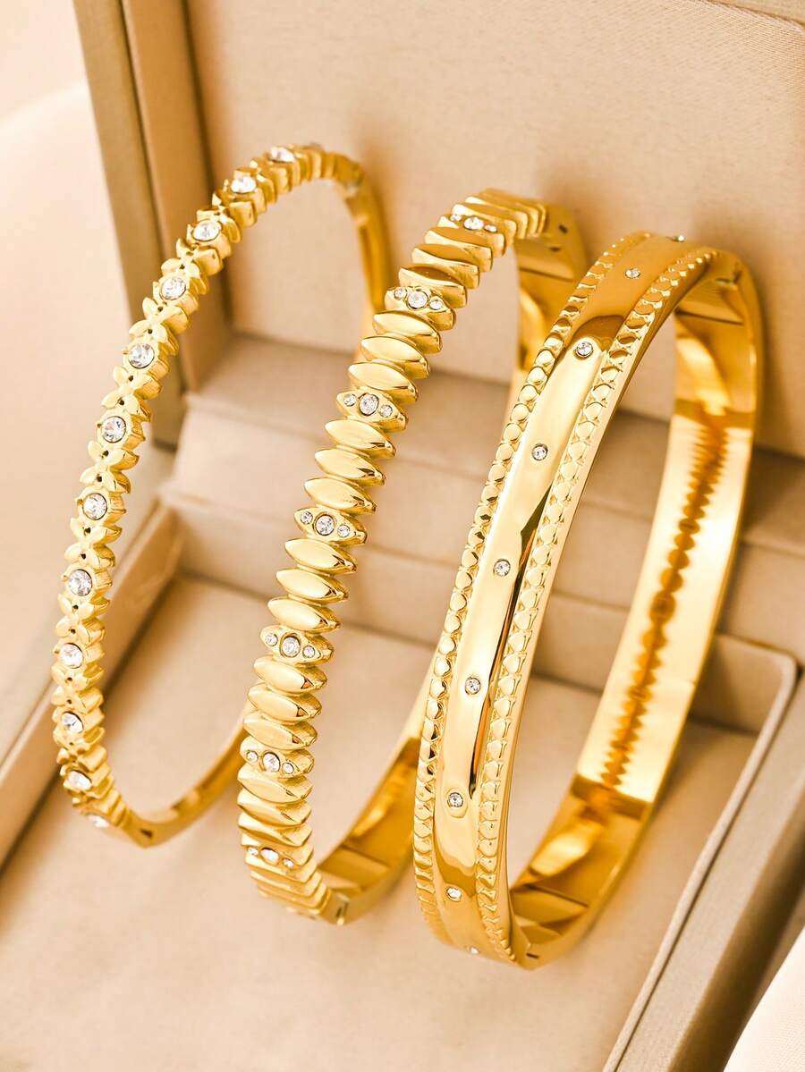 3pcs/Set Stainless Steel Women Bracelet, Luxury Gold Plated Rhinestone Jewelry Set, Suitable For Valentine's Day Gift, Daily Commute, Date, Party, Music Festival, Beach Vacation - Gold - View 1