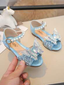 Baby Girl Flat Sandals Bow Rhinestone Pearl Color Diamond Princess Shoes - Blue - View 3