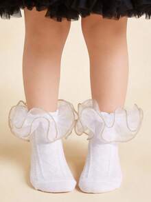 1 Pair Girls' Solid Color Cotton Thin Mesh Ankle Socks, School Style, Suitable For Spring/Summer, Princess Lace Trim - White - View 4