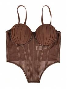 Women's Brown Cropped Camisole, Casual Backless Tank Top With Padded Bra, Mesh Skeleton Bodysuit For Party - Dark Brown - View 4