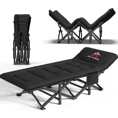 Cama de camping plegable portátil con estructura reforzada que soporta hasta 661 libras (300 kg). Medidas: 68 cm de ancho x 190 cm de largo. Incluye antifaz y tapones para oídos de regalo.Color: ferroso.JM VAAL