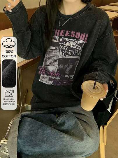 女士休闲复古水洗字母印花宽松圆领长袖T恤，适合春秋季穿着。